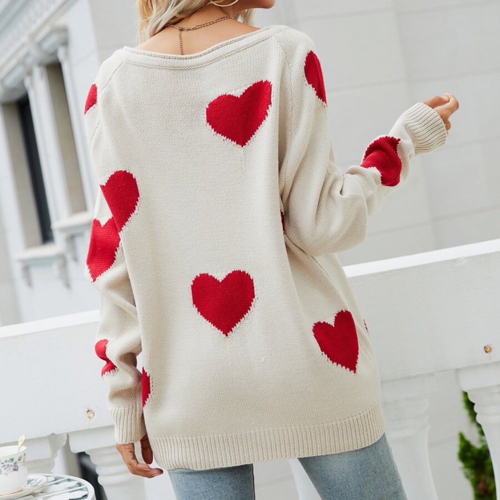 Boho Red Hearts Knit Oversized Sweater Top - Picture 4 of 5